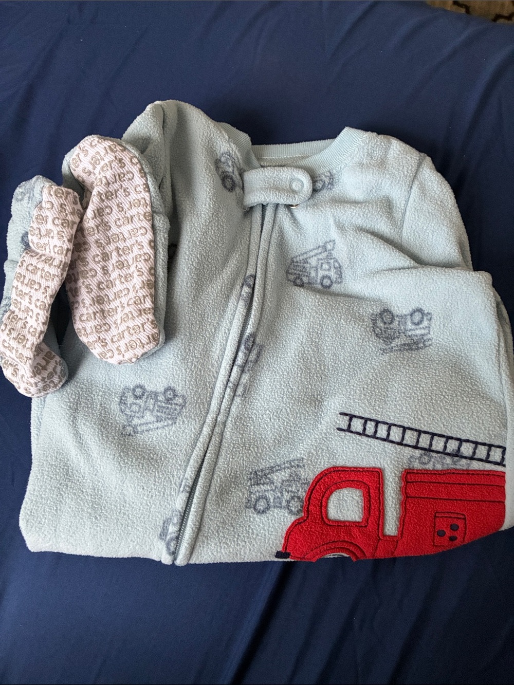 Carter's Light Blue Fleece One-Piece with Red Fire Truck